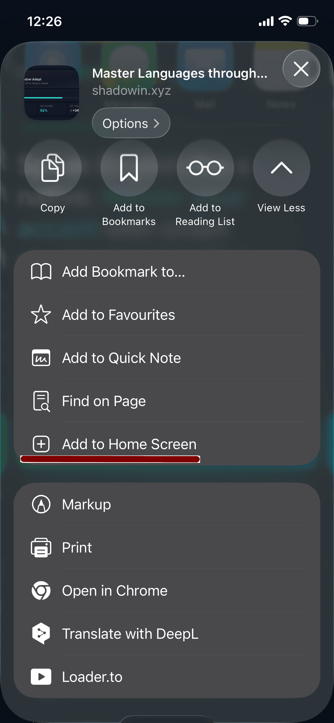 Scroll down and tap "Add to Home Screen"